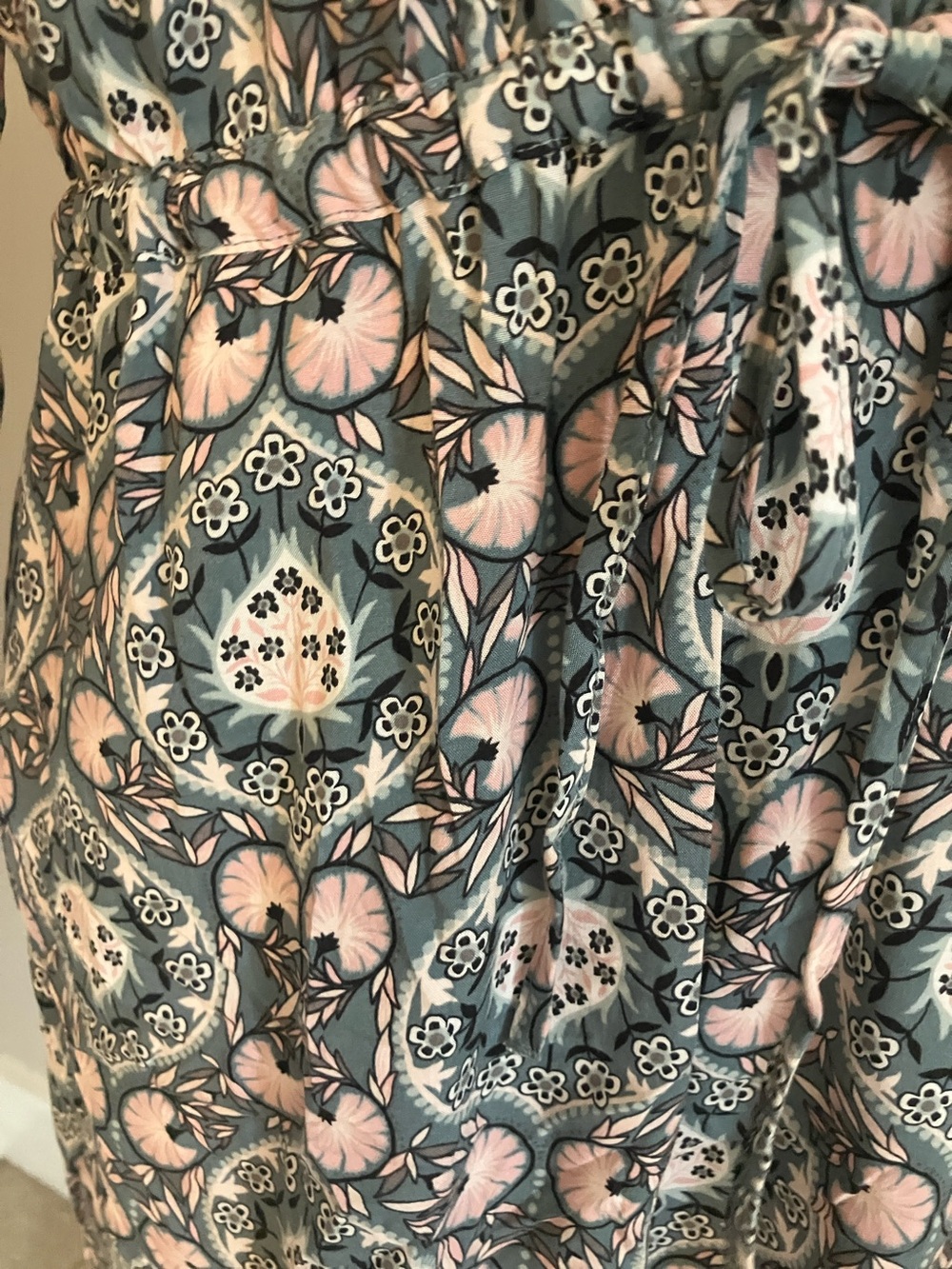 LOFT Floral Tie-Waist Mini Dress in Dusty Blue and Blush Art Nouveau print Sz SP - Picture 4 of 9